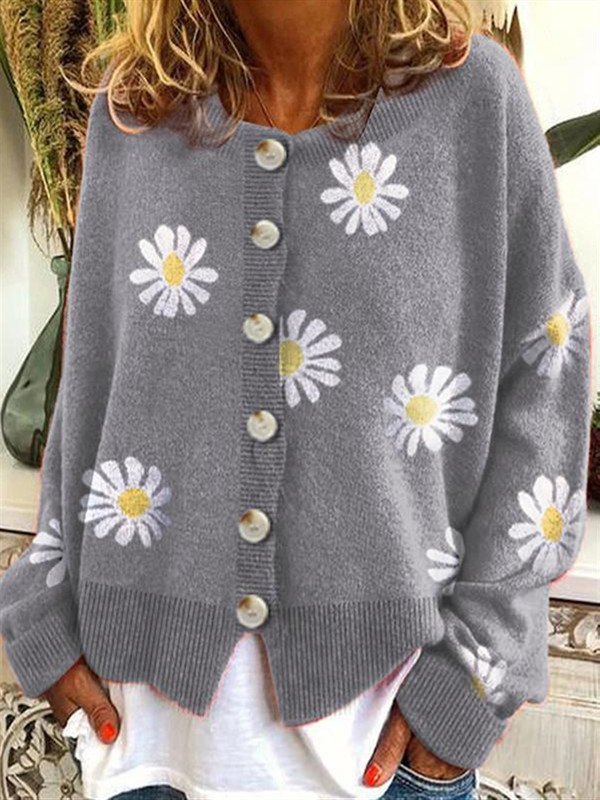 Sweter Kwiatowy Prosty Długie Rękawy Mieszanka Bawełny