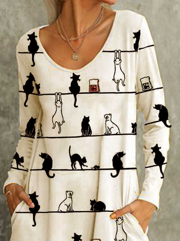Uroczy Kot Długie Rękawy Mieszanka Bawełny Robienie na drutach Sukienka