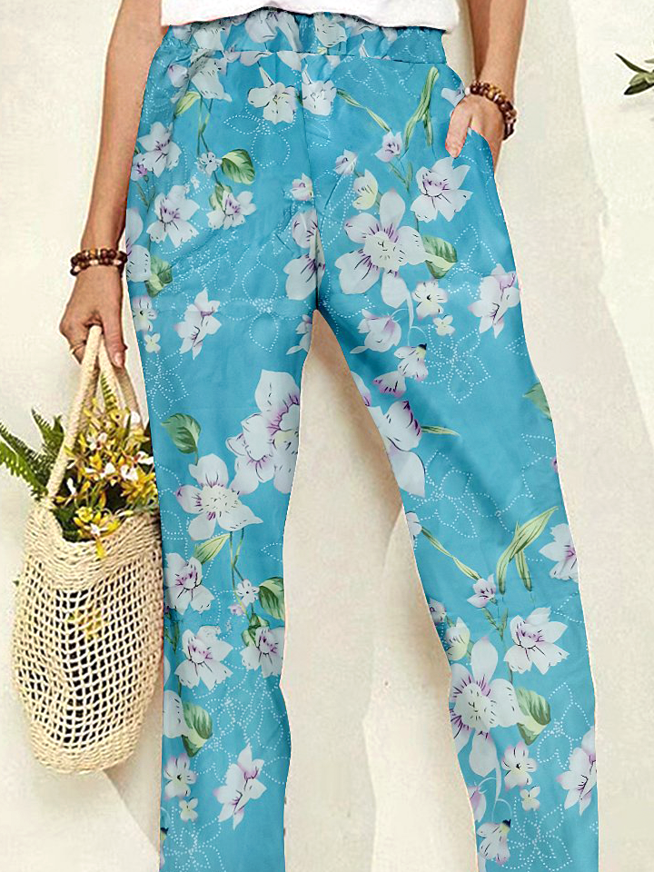 Kolor Niebieski Kwiatowy Przycięte Na Wakacje Codzienny Kieszeń Spodnie Poluzować Boho Spodnie