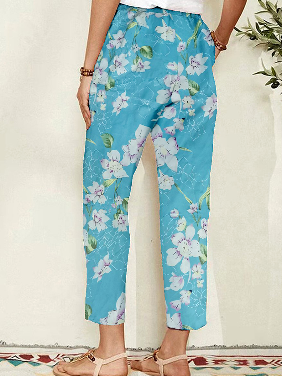 Kolor Niebieski Kwiatowy Przycięte Na Wakacje Codzienny Kieszeń Spodnie Poluzować Boho Spodnie