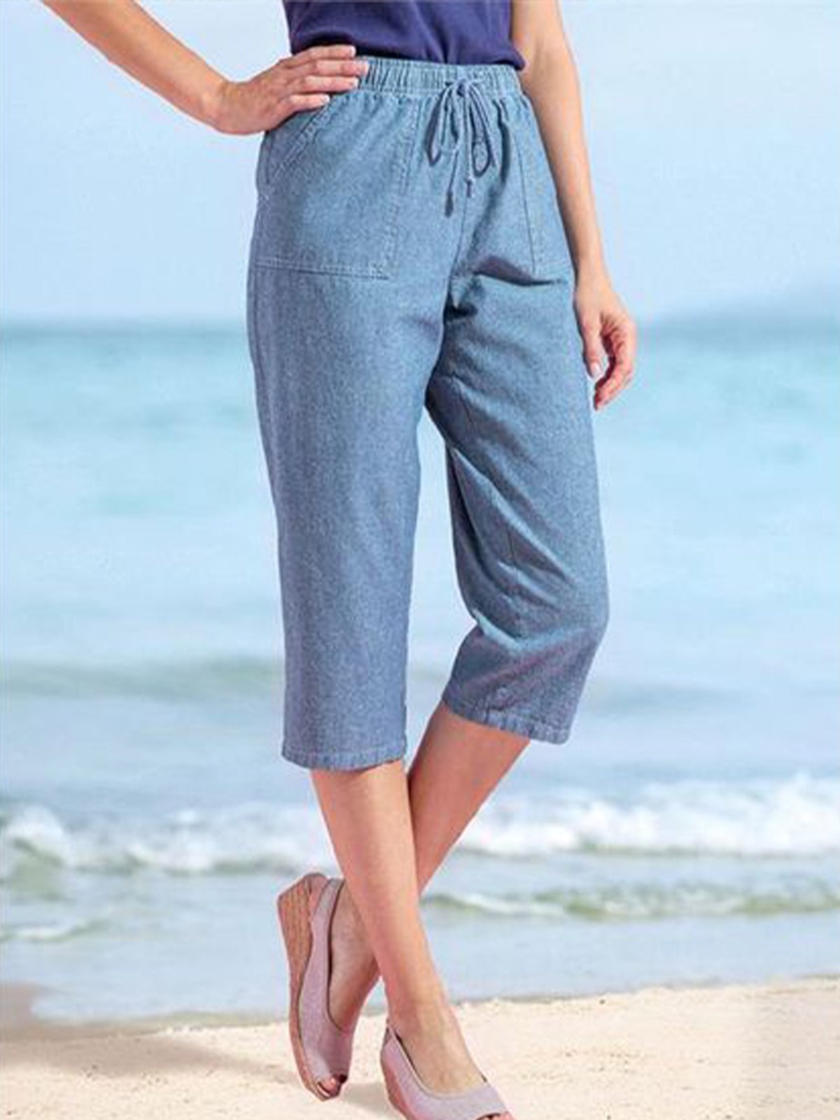 Myć się Dżinsowe Prosty elastyczny Talia kieszeń luźny Spodnie Capri Plus Rozmiar