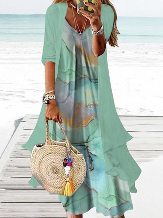 Tęcza Kolor Gradientu marmur luźny Na Wakacje Na Plaży Szyfonowe dwa kawałki Sukienka ustawić Długi Plus Rozmiar