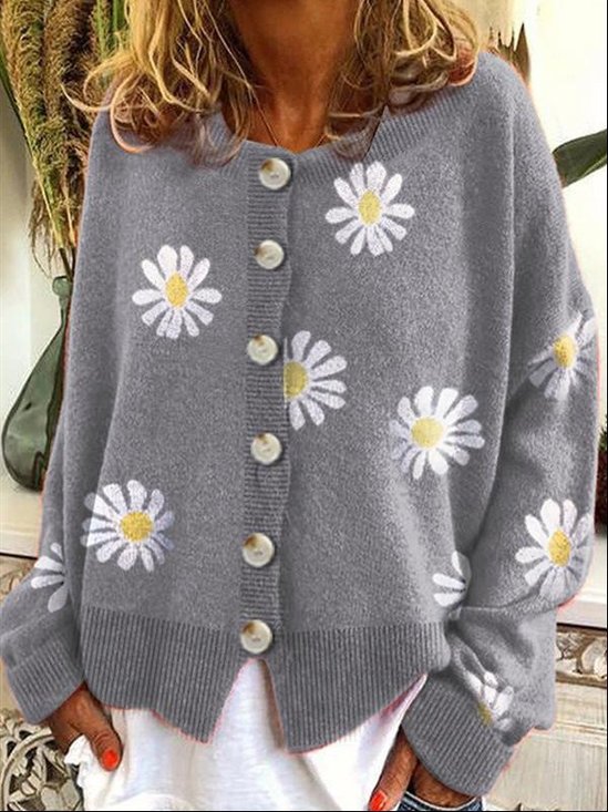 Sweter Kwiatowy Prosty Długie Rękawy Mieszanka Bawełny