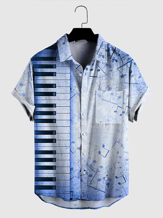 Męskie Muzyka Fortepian Wydrukowany Kieszeń Klapa Kołnierza Codzienny Luźny Z Krótkim Rękawem hawajski Koszula
