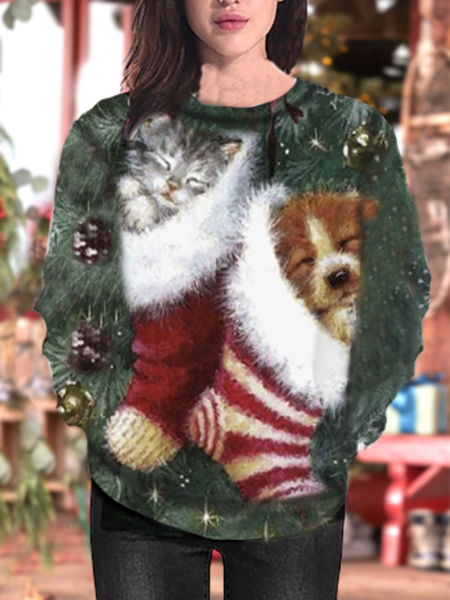 Codzienny Bluzy Boże Narodzenie Uroczy kot i pies wzór sweter