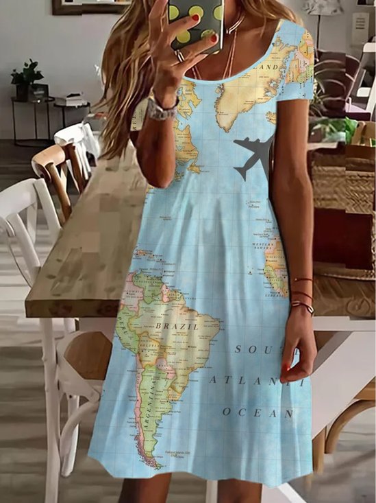 Mapa Wydrukowany Codzienny Okrągły dekolt Z Krótkim Rękawem Mini Sukienka