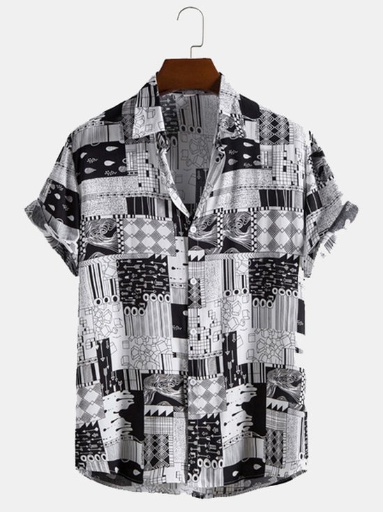 Męskie Moda Tendencja Wygodne Z Bawełny Wydrukowany Z Krótkim Rękawem Koszula