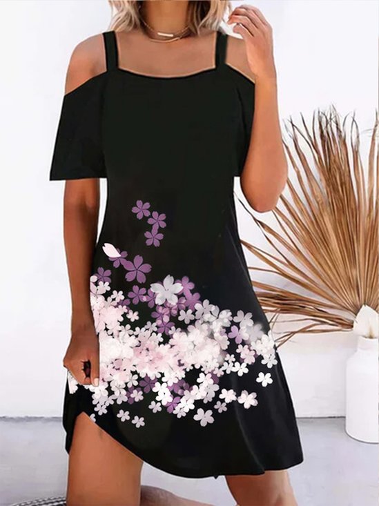Z Odkrytymi Ramionami Kwiatowy Wydrukowany Na Wakacje Na Co Dzień Codzienny Kolor Czarny Mini Sukienka