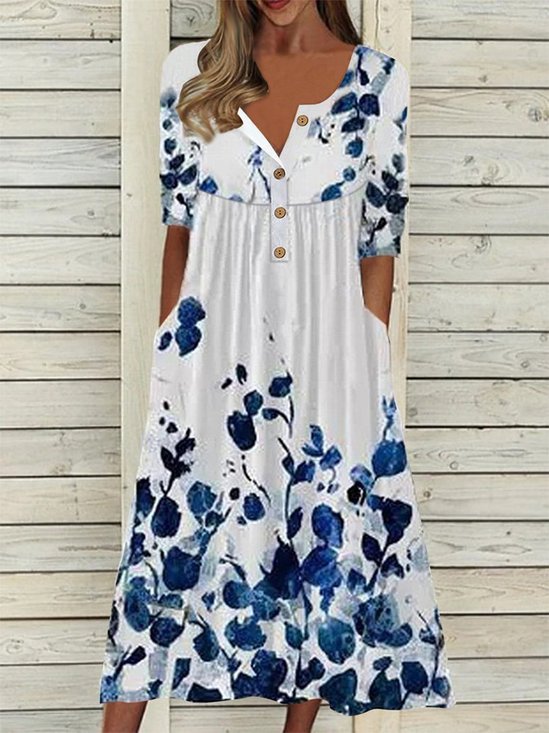 Zapina Się Na Guziki Kolor Fioletowo-niebieski Kwiatowy Poluzować Tkactwo Sukienka